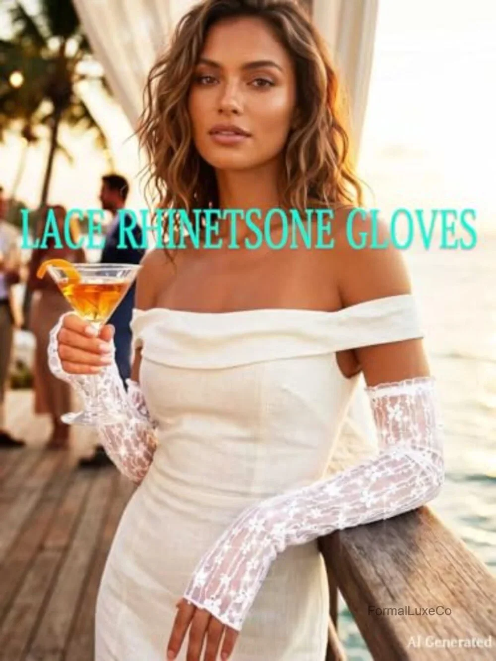 Long Fingerless Lace Gloves with Rhinestones Sheer Evening Gloves